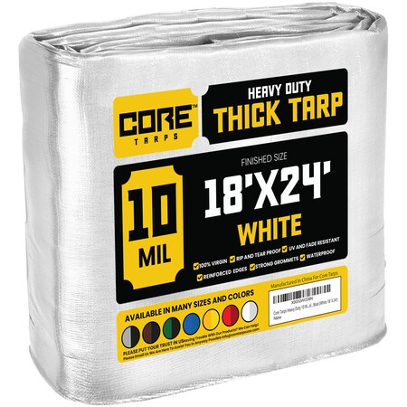 Core Tarps Heavy Duty Tarp, 24 ft L x 0.5 mm H x 18 ft W, 10 Mil, White, Polyethylene CT-604-18X24